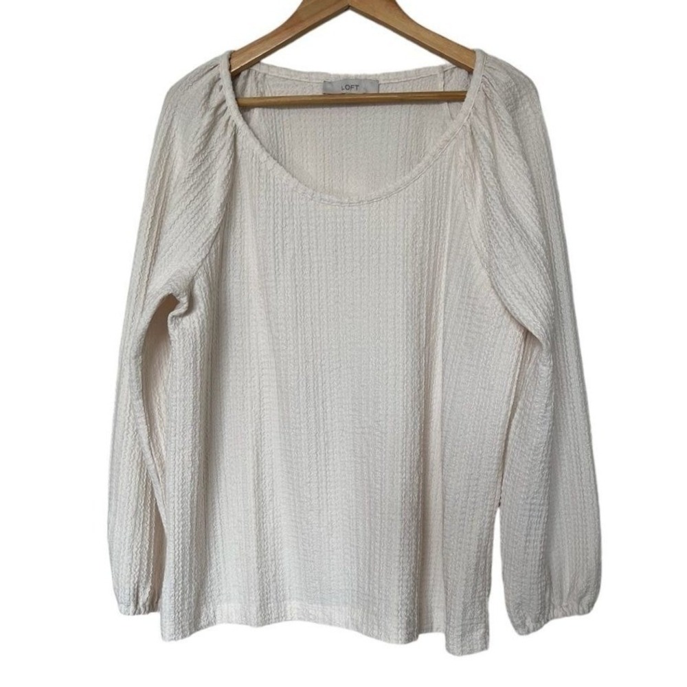 LOFT Blouse Womens XL Cream Textured Raglan Puff Sleeve Scoop Neck EUC